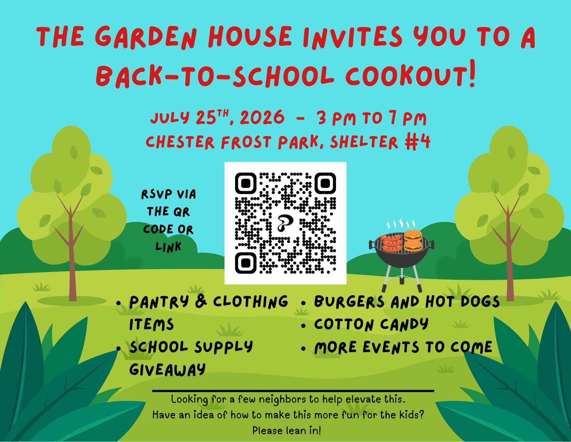 The Garden House Back-to-School Cookout flyer for July 25, 2026
