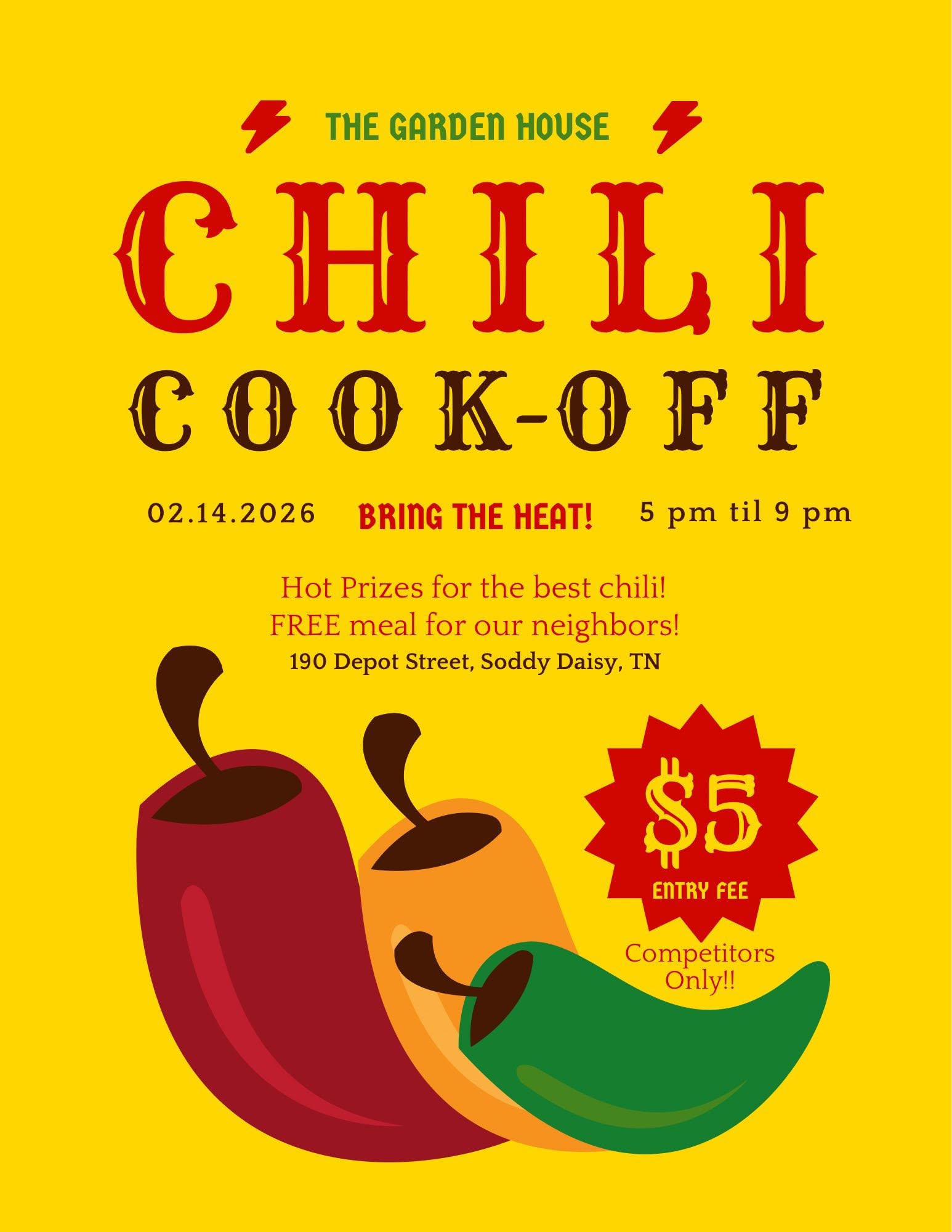 The Garden House Chili Cook-Off flyer for February 14, 2026