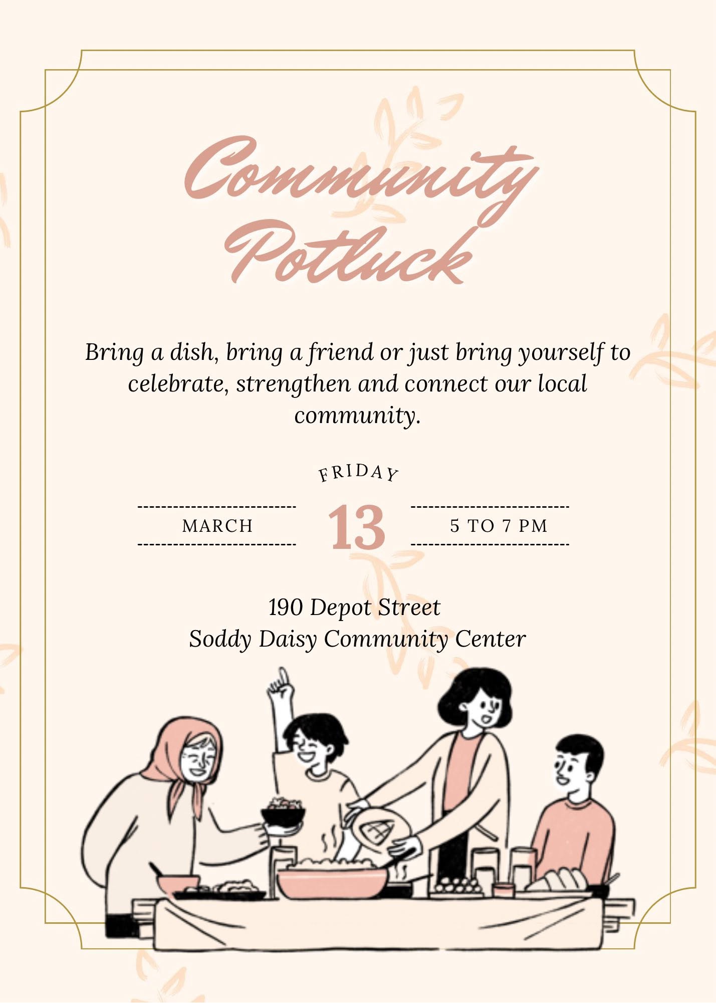 The Garden House Community Potluck flyer for March 13