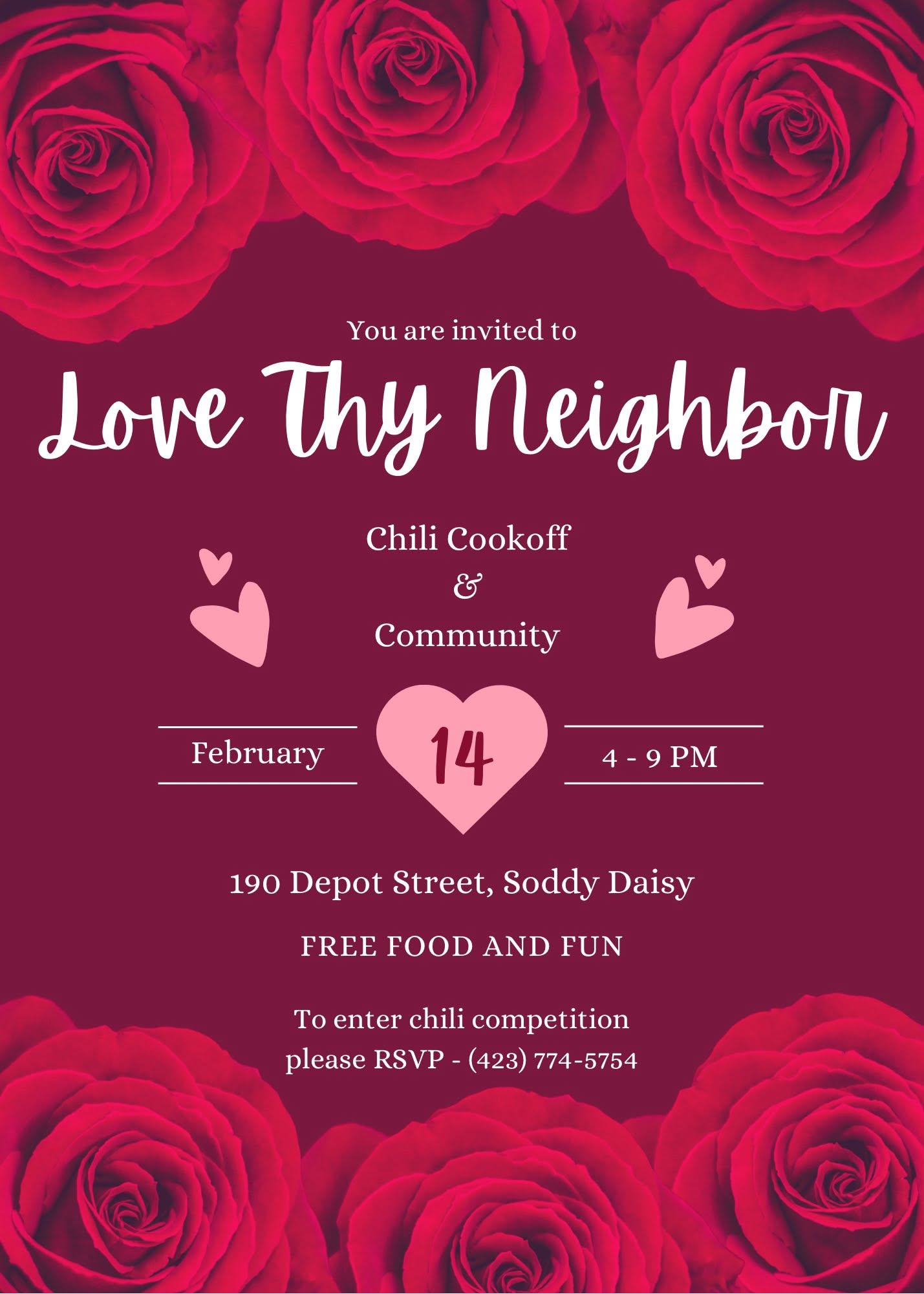 The Garden House Love Thy Neighbor Chili Cookoff flyer for February 14