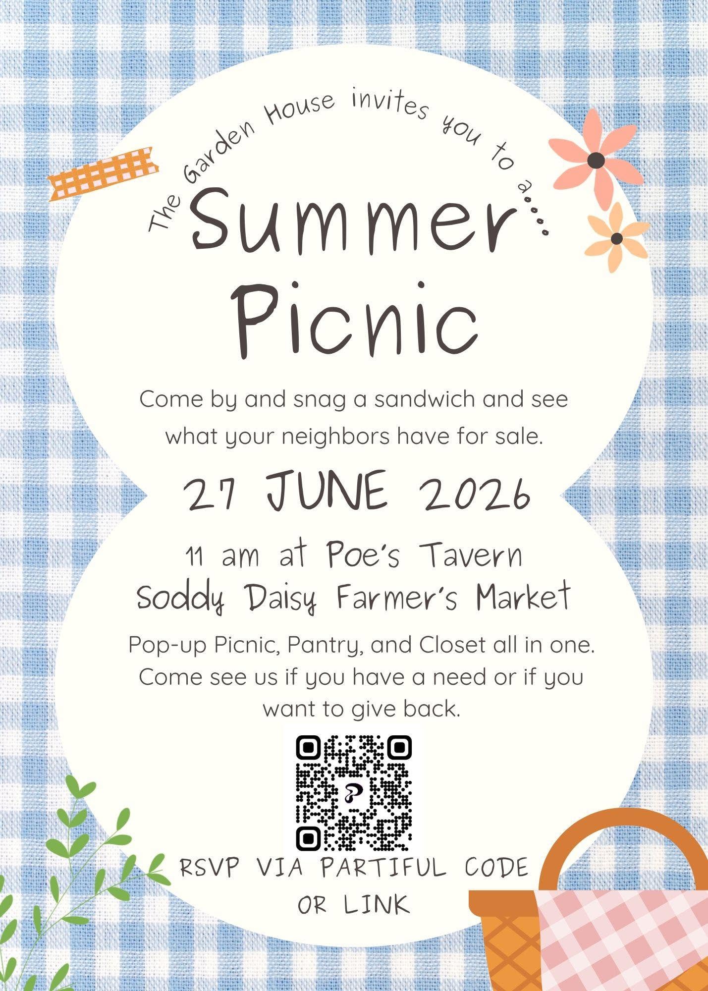 The Garden House Summer Picnic flyer for June 27, 2026