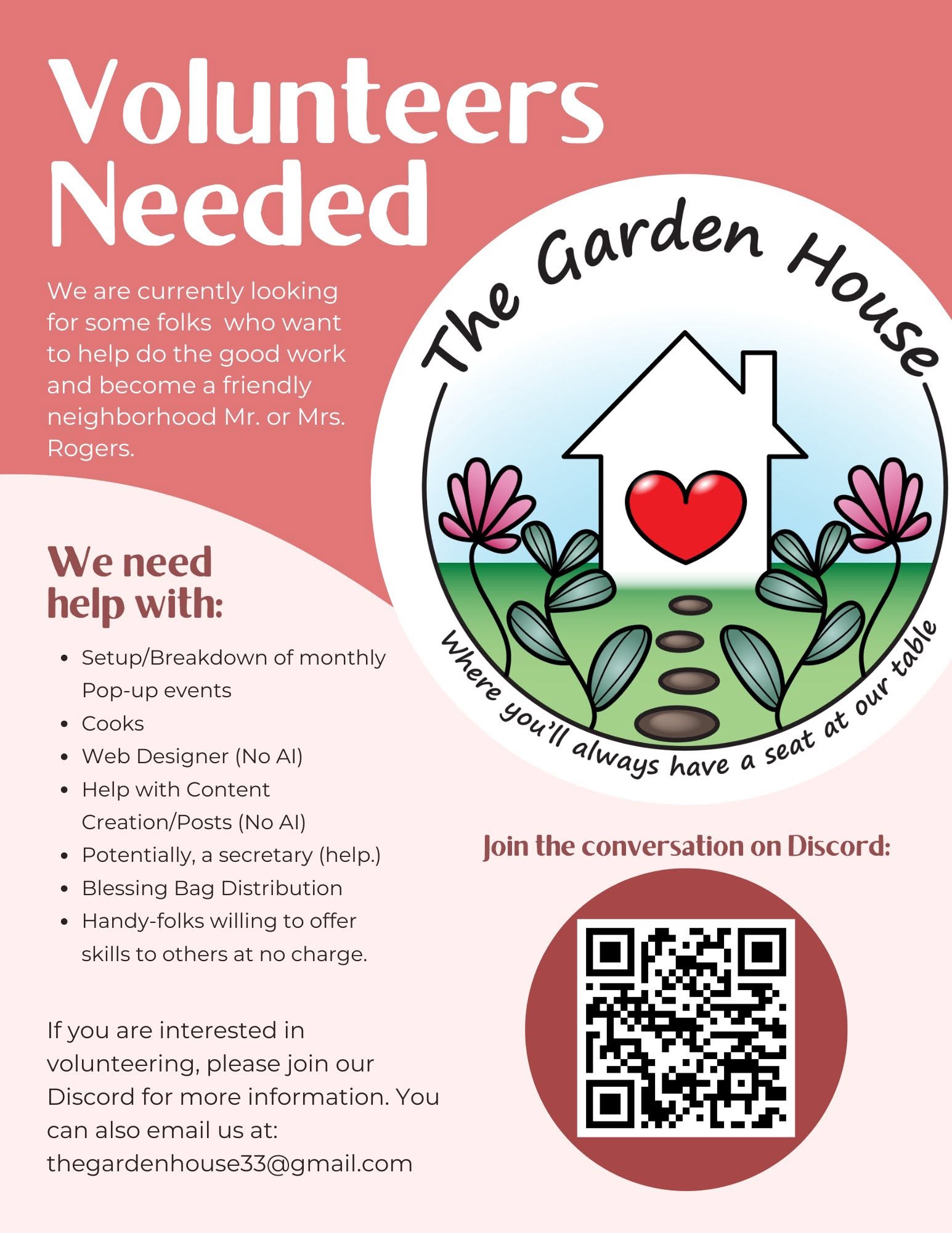 The Garden House Volunteers Needed flyer